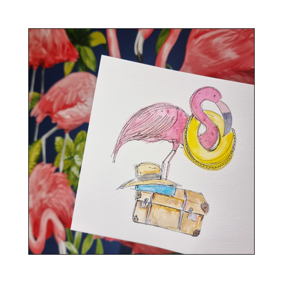 Flamingo Suitcase Thank You Card original painting