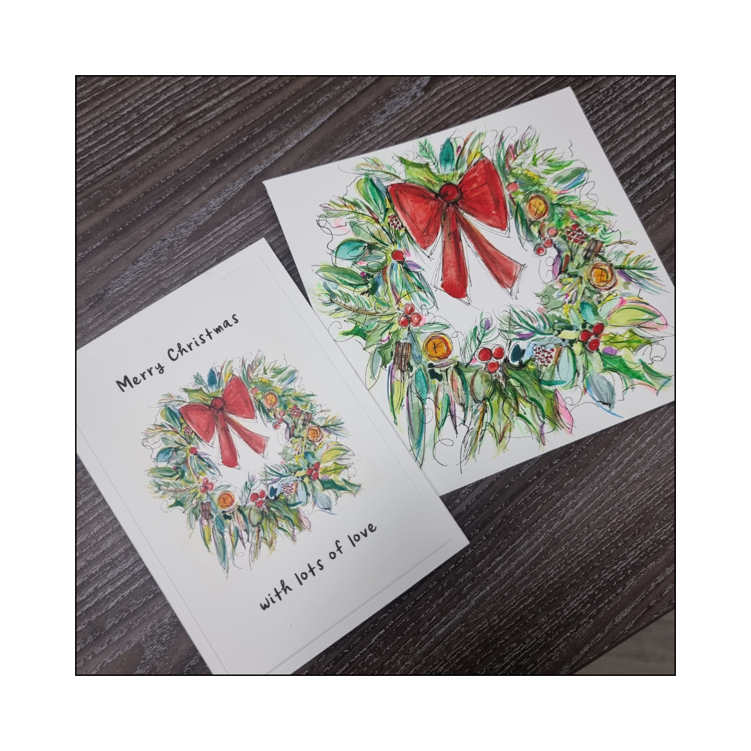 Christmas Wreath Christmas Card with my original watercolour painting