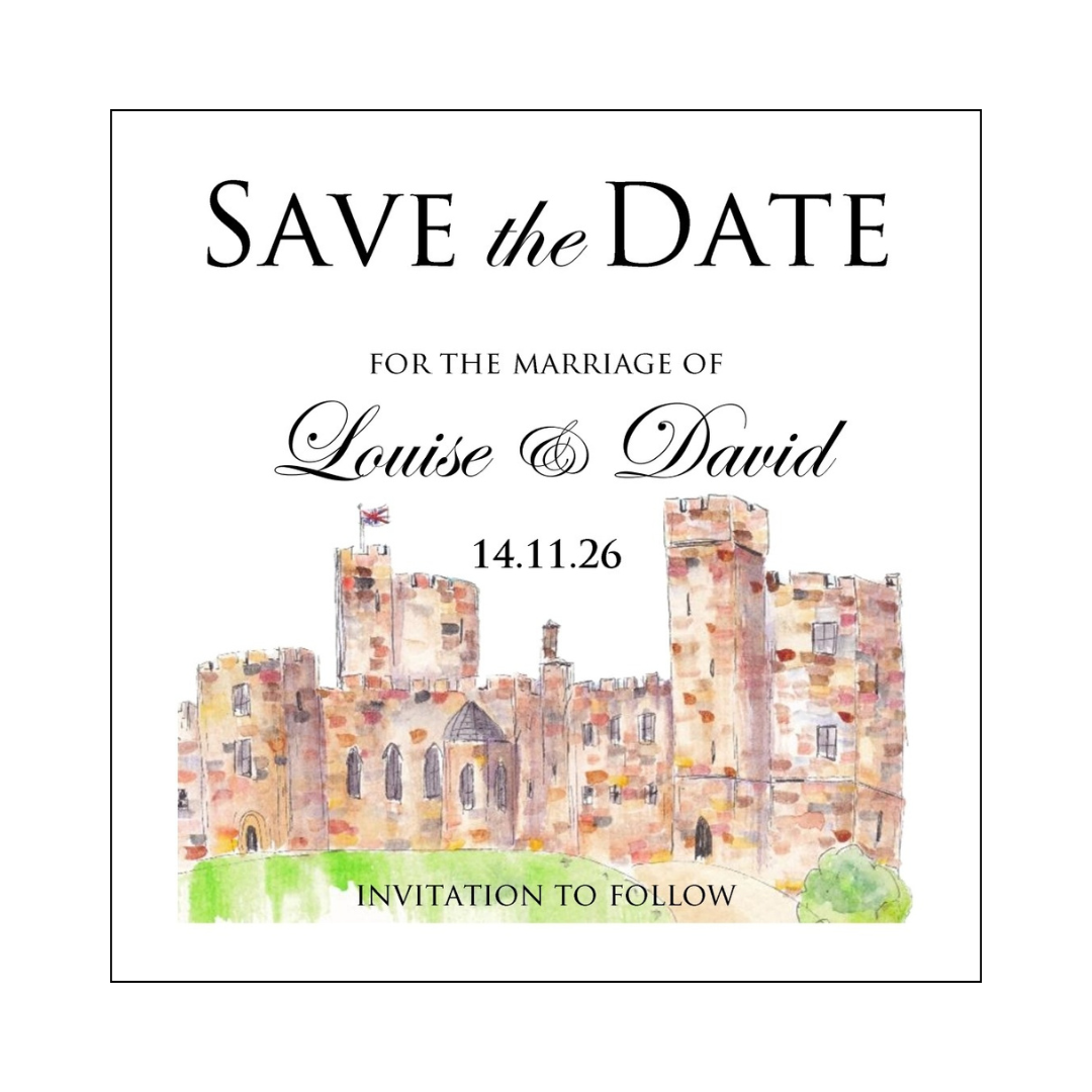 Peckforton Castle Wedding Save the Date card Edwardian Script