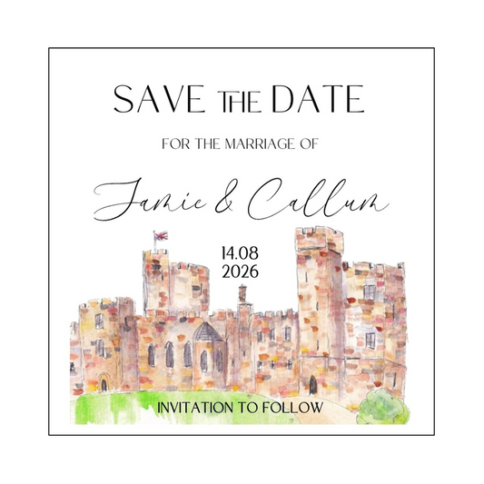Peckforton Castle Wedding Save the Date card Brown Carolina Font
