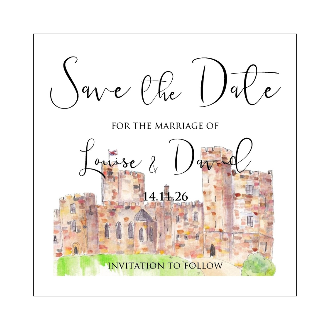 Peckforton Castle Wedding Save the Date card Emily Script
