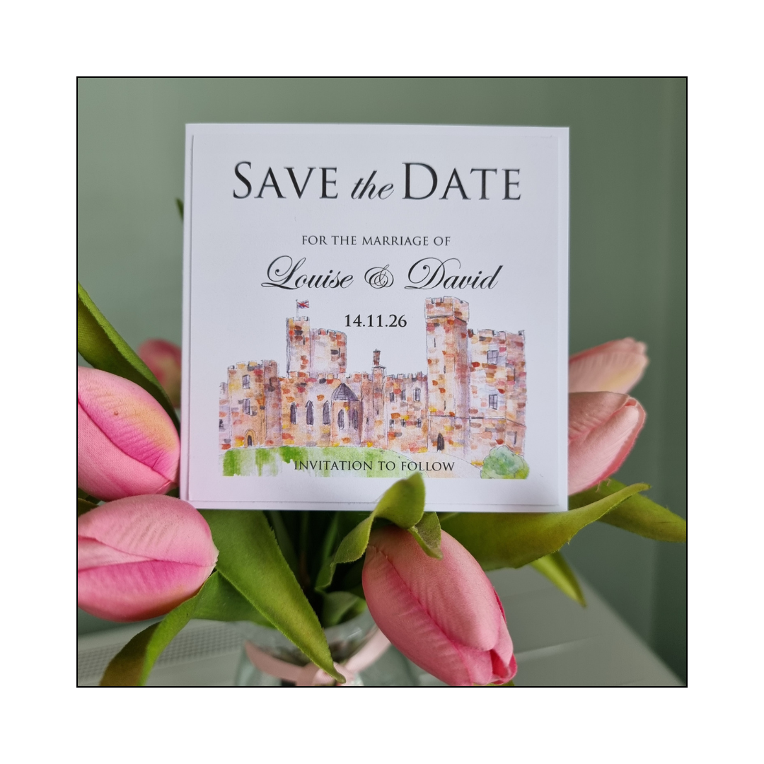 Peckforton Castle Save the Date white smoth card on white smooth card photo