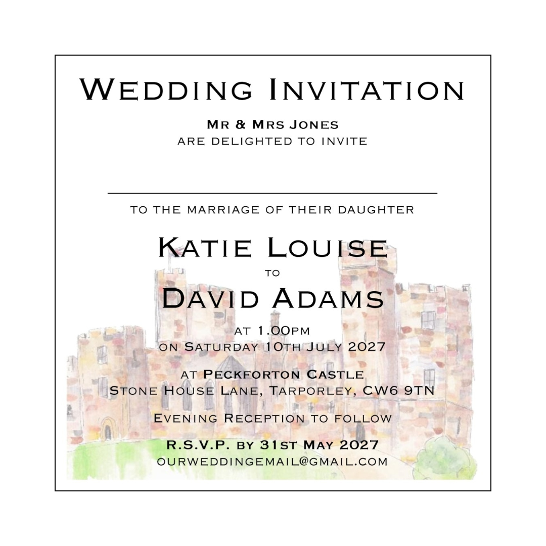Peckforton Castle Flat Mounted Wedding Invitations Copperplate Font