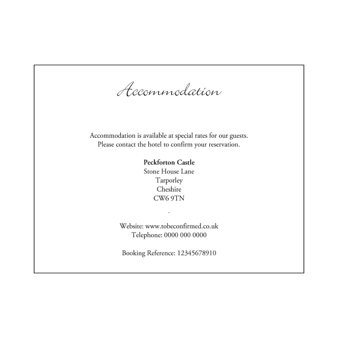 Peckforton Castle Wedding Invitation Pocketcard Accommodation insert Bickley Script Font