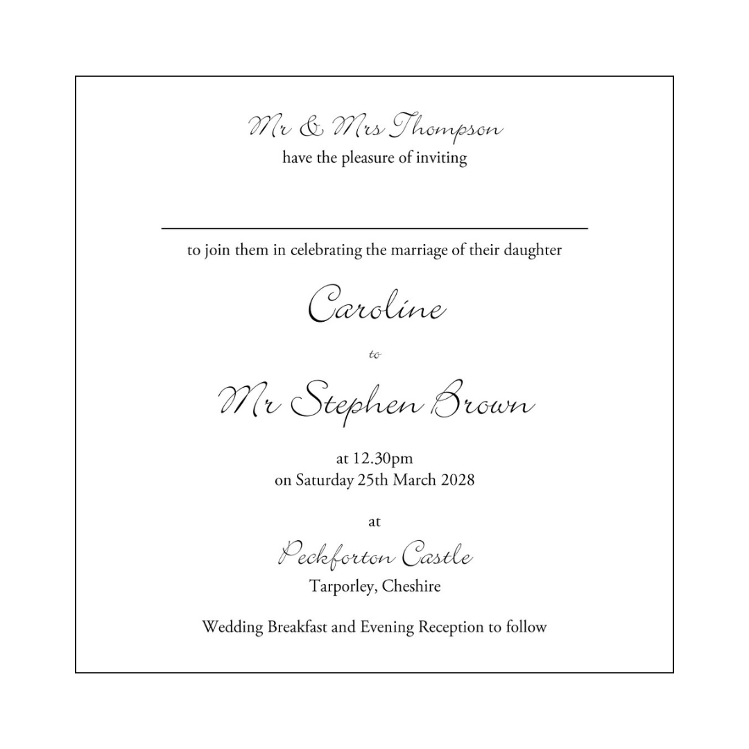 Peckforton Castle Wedding Invitation Pocketcard Invitation Bickley Script Font