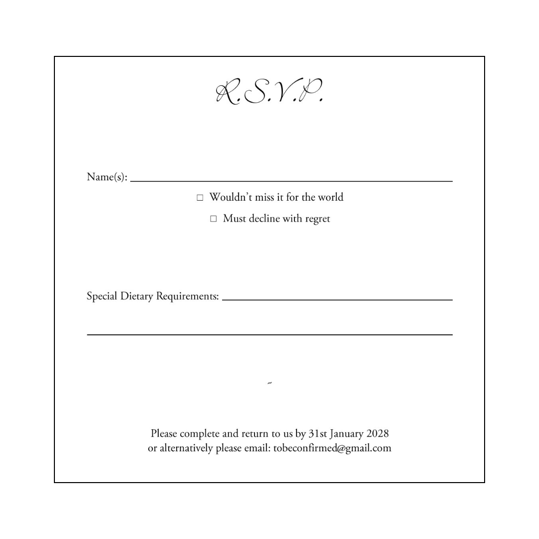 Peckforton Castle Wedding Invitation Pocketcard RSVP postcard front Bickley Script Font