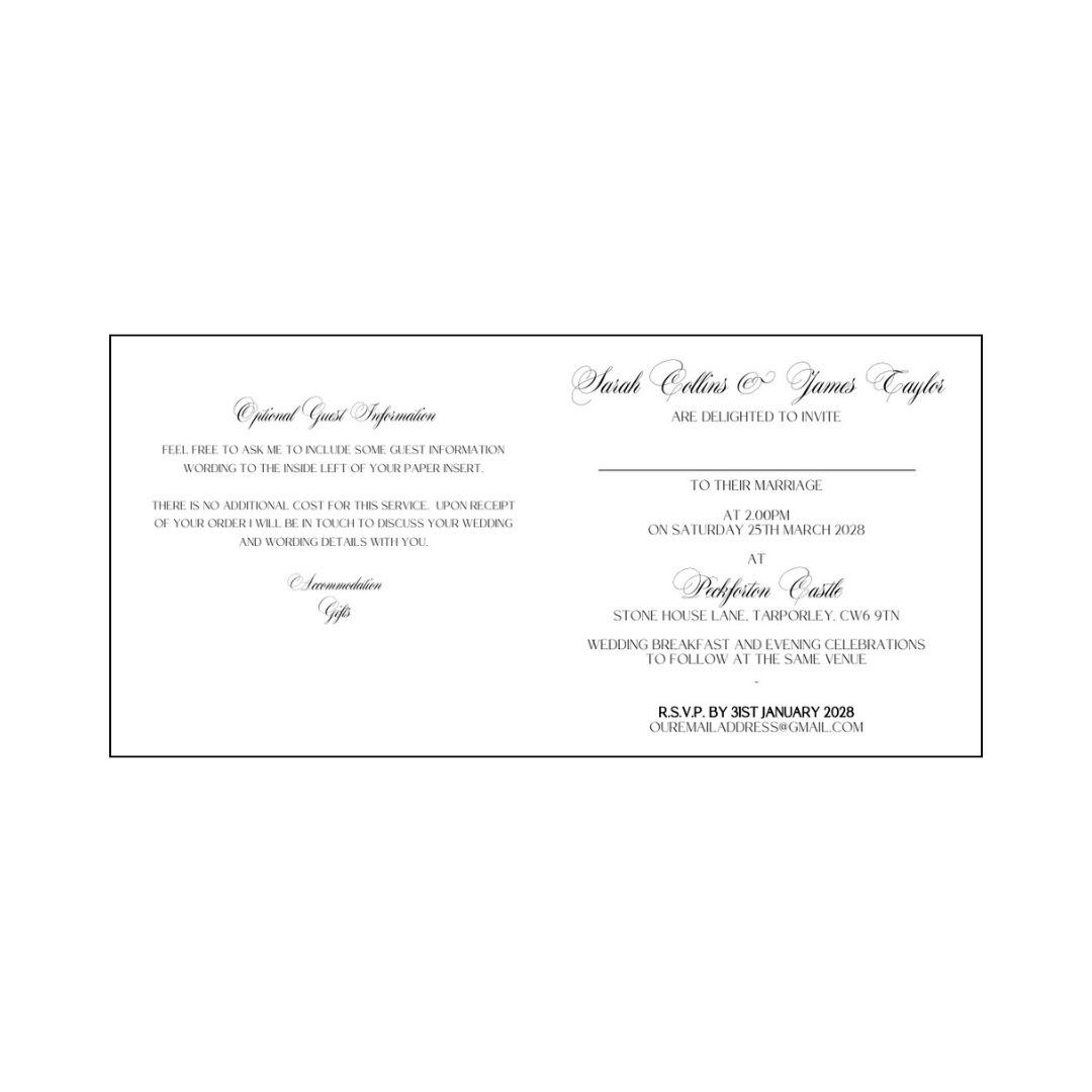 Peckforton Castle Wedding Invitation folded design paper insert example