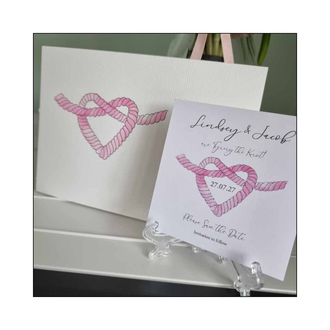 Tying the Knot Pink Save the Date Card with original painting