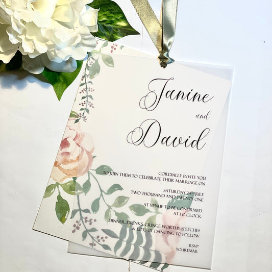 Spring Floral Loop-Tied Wedding Invitation with Vellum Overlay